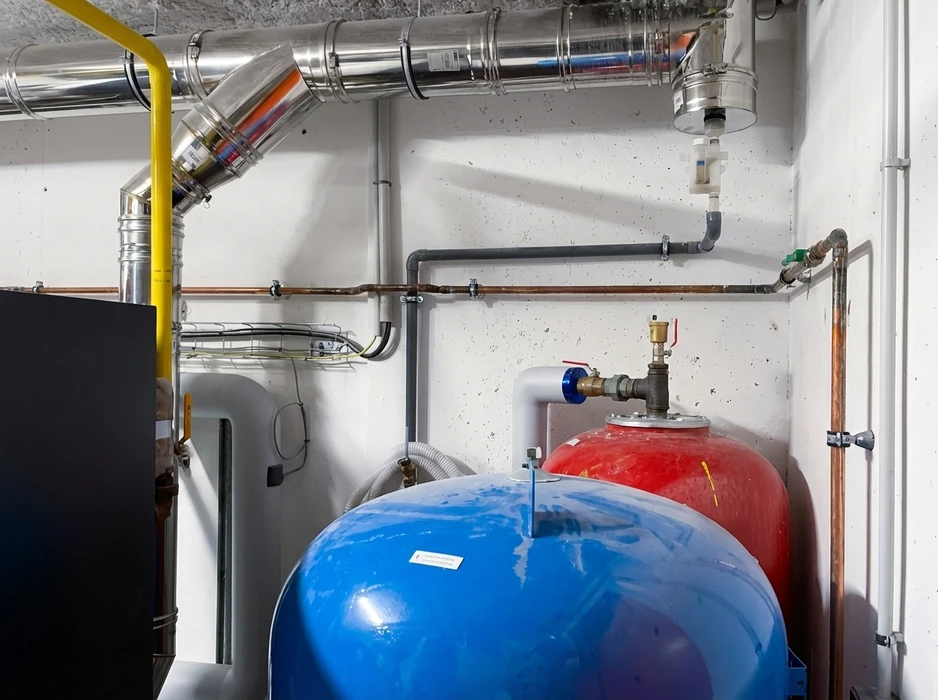 Une salle de bains élégante et rénovée avec des lavabos blancs, une vasque grise, un plan de travail en granit et du matériel en bronze, des robinets et de la lumière