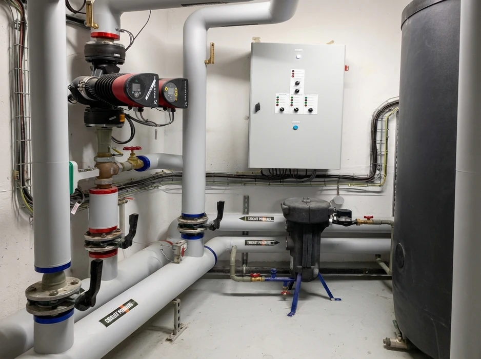 Ouvrier en combinaison bleue et casque blanc installant un radiateur chauffage central dans une pièce en rénovation