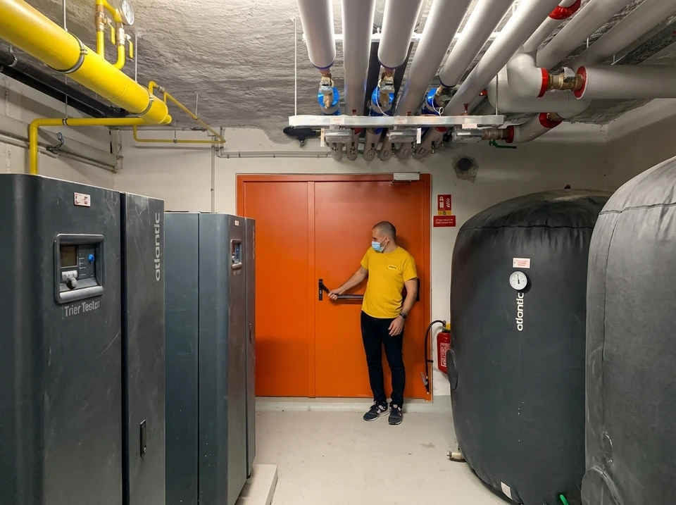 Plombier professionnel en uniforme bleu et casquette installant une paroi de douche vitrée dans une salle de bain moderne blanche